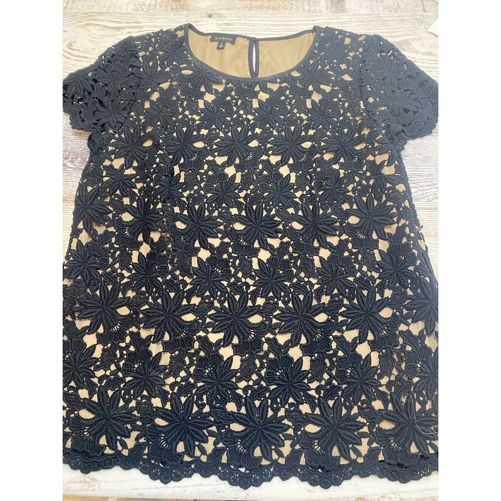 Talbots Black Lace Short Sleeve Lined Blouse Top Womens Size 6 Floral Side Zip